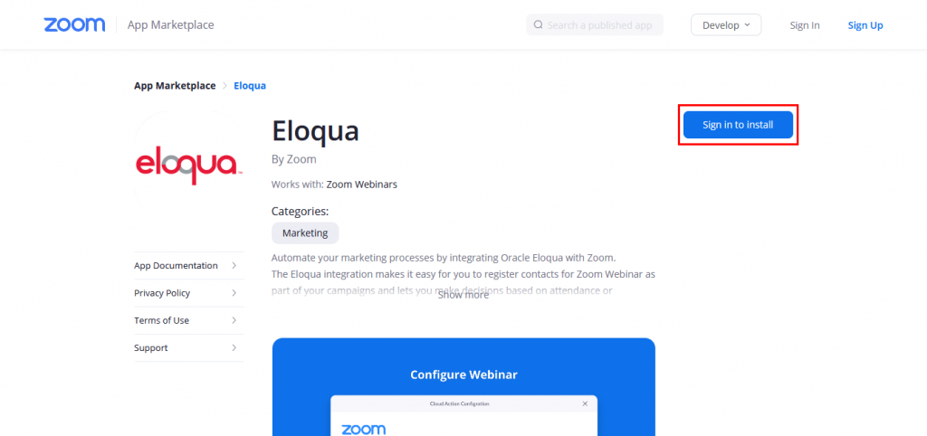 Zoom App Marketplaceの「Eloqua by Zoom」ページ。